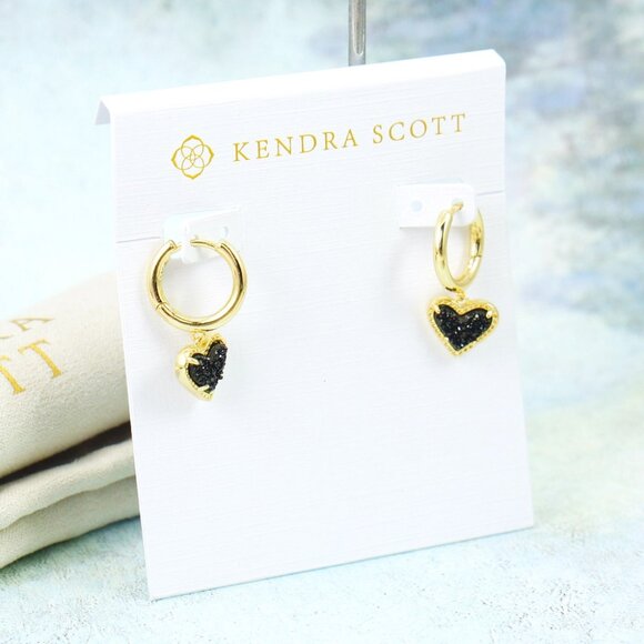 Kendra Scott Ari Heart Huggie Black Drusy Earrings Gold Plated - Picture 3 of 5
